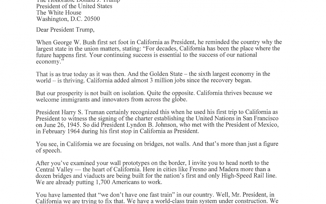 Governor Brown to President Trump Ahead of Visit: “In California We Are Focusing on Bridges, Not Walls”