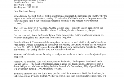 Governor Brown to President Trump Ahead of Visit: “In California We Are Focusing on Bridges, Not Walls”